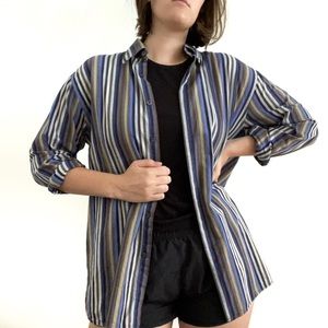 Blue and brown striped oversized lightweight button-up shirt